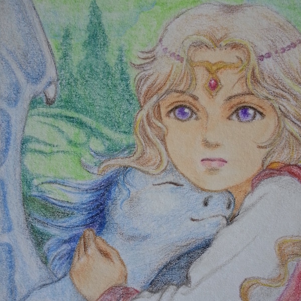 Original ACEO, one-of-a-kind hand-painted miniature, colored pencil, Allie Huang, fairy witch elf child and dragon, Medieval magic, anime