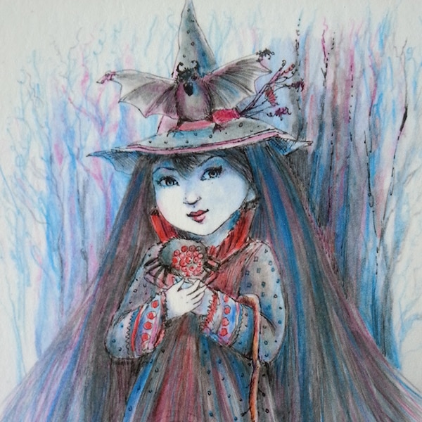 Limited Edition 1/2 ACEO, miniature watercolor, Paulina Cassidy, vampire witch, magic hat, bat, tarantula, fairytale whimsy, collectible