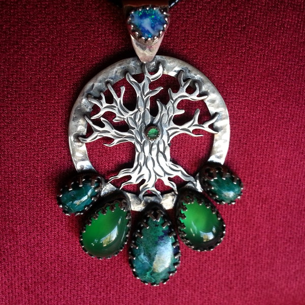 Unique sterling silver protective pendant, tree of life and mystic waters, opal, emerald, chrysoprase, turquoise, magic, Angela Blessing