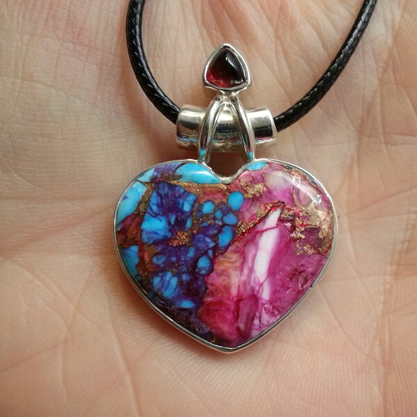Wonderful sterling silver copper turquoise dyed heart pendant, garnet gem, vivid colors, boho, love symbolism, black cord