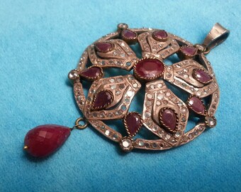 Impressive antique-style sterling silver ruby pendant, flower/snowflake design, diamond-like crystals, amazing sparkle, ruby teardrop dangle