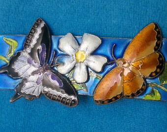 Gorgeous vintage sterling silver enamel brooch pendant, butterflies and flower, vivid colors, striking rare joyful piece