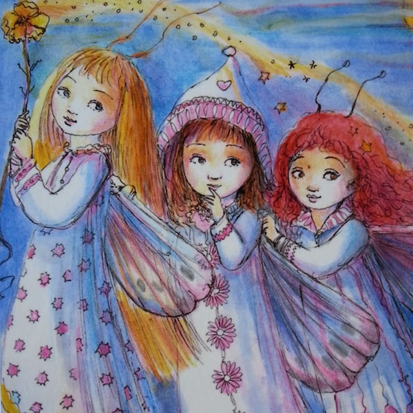 Limited Edition 1/2 ACEO, miniature watercolor, Paulina Cassidy, three fairy witch sisters, full moon, stars, fairytale whimsy, collectible