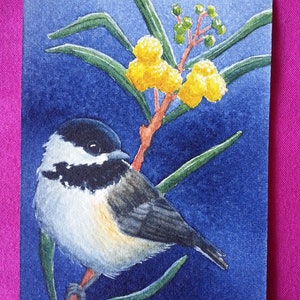 Original ACEO, one-of-a-kind, hand-painted, miniature sweet chickadee bird on mimosa acacia branch, Ginette Dignard, watercolor, charming
