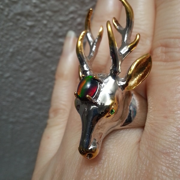 Spectacular sterling silver gold-platted stag deer ring, fiery opal, tsavorite green eyes, tridimensional sculpture, 7.75-8 US size