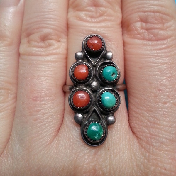 Graceful sterling silver coral turquoise Zuni ring, vintage Native American beauty, boho colorful statement ring, 5.75 US size,