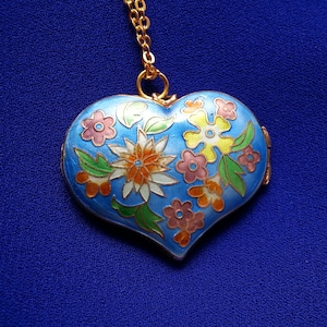 Lovely sterling silver enamel Chinese heart locket pendant, colorful flowers, turquoise background, yellow green orange white, double-sided