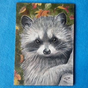 RESERVED4T Original ACEO, one-of-a-kind, hand-painted, miniature, fall raccoon, Melody Lea Lamb, ink, colored pencil, charming collectible