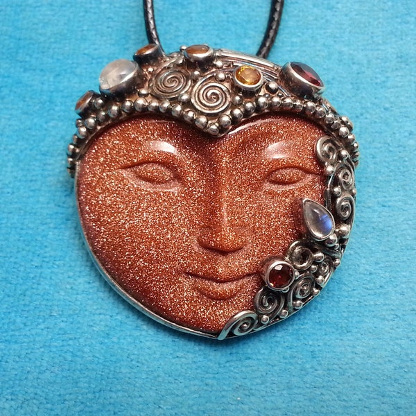 Striking Sajen sterling silver brooch pendant goddess sun stone hand-carved face, garnet, citrine, moonstone, collectible