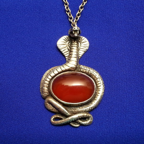 Rare sterling silver cobra carnelian pendant, Egyptian revival, antique or vintage, unusual, impressive presence, attached link chain