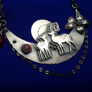 Powerful sterling silver deer necklace, ruby and quartz teardrop dangles, thulite cabochon, stag and doe, flower, full moon, vibrant energy