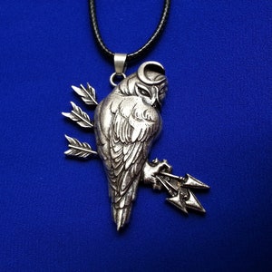 May include: Silver-toned owl pendant necklace with a black cord. The owl is perched on a branch with arrows. The pendant has intricate details and is set against a blue background.