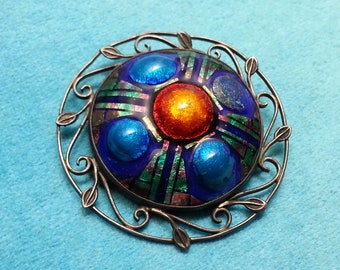 Antique silver enamel vintage brooch, flower- or cross-like design, vivid blue and orange colors, filigree frame, can wear as pendant