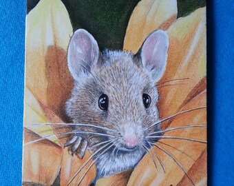 Original ACEO, one-of-a-kind, hand-painted, miniature of mouse in yellow sunflower, Melody Lea Lamb, watercolor, colored pencil, charming