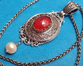 Intricate sterling silver ruby pearl Gerochristo pendant, Greek ancient-inspired motifs, silver chain, flower engravings, dangle pearl, new