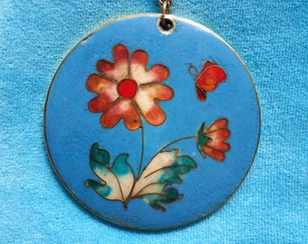 Lovely beautiful enamel cloisonne flower pedant, blue background, red-pink white flowers butterflies, leaves, vintage, Chinese inspired