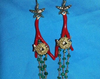 Maui Divers dangle earrings, sterling silver, 18 karat gold, enamel, starfish, pufferfish, stylish, retired design, collectible