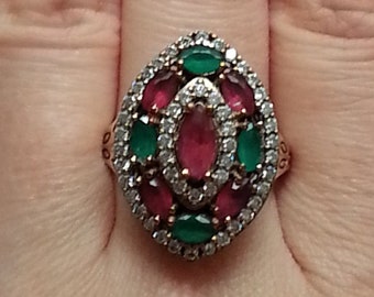 Charming sterling ring, silver and bronze, amazing sparkle, ruby-like, emerald-like, diamond-like crystals, Victorian- style, size 8.25