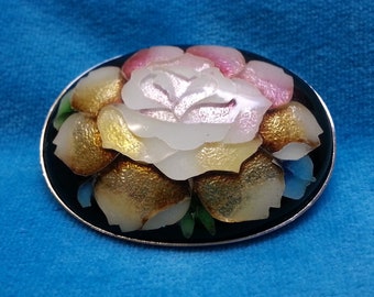 Charming vintage Japanese enamel flower brooch, large pink-yellow-gold rose, silver tone,  bright colors, wonderful iridescence and shine