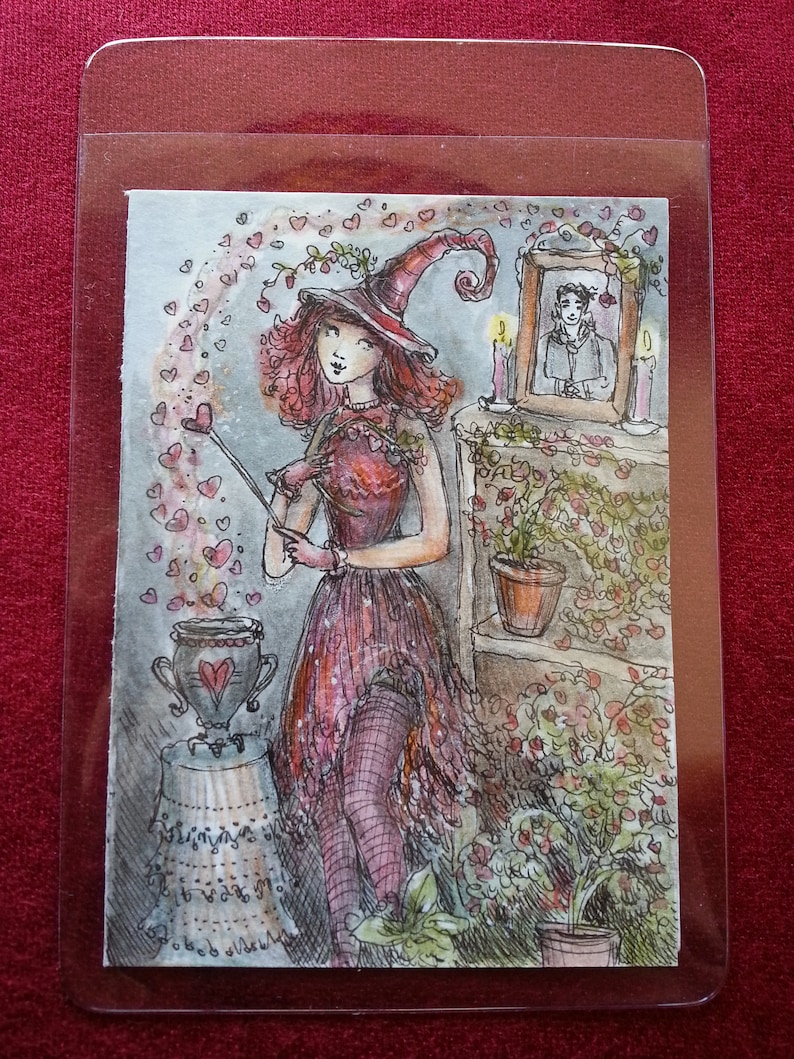 Halloween charm one-of-a-kind hearts Paulina Cassidy vampire love Original ACEO miniature watercolor witch love spell hand-painted