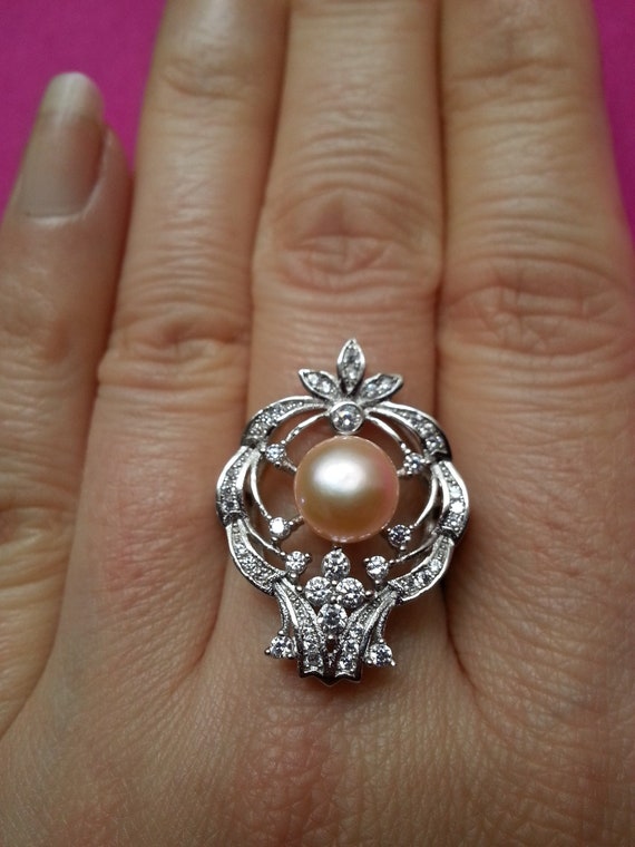 Beautiful sterling silver pearl flower ring, crow… - image 1