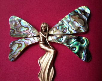 Spectacular huge sterling silver abalone brooch pendant, butterfly fairy with abalone wings, beautiful blue green iridescent