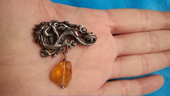 Antique Chinese silver dragon brooch with amber d… - image 5
