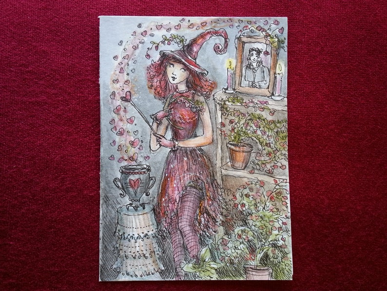 Halloween charm one-of-a-kind hearts Paulina Cassidy vampire love Original ACEO miniature watercolor witch love spell hand-painted