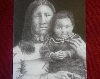 Original ACEO, one-of-a-kind, hand-painted pencil miniature portrait after photo of Native American figures, Long Wolf's family, Oglala