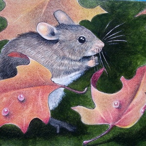 Original ACEO, one-of-a-kind, hand-painted, miniature of mouse and sweet pea flowers, Melody Lea Lamb, watercolor, colored pencil, charming