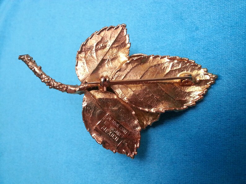 real gold-plated rose branch stunning Flora Danica style bold amazing detail Striking gold-plated rose flower brooch with three leaves