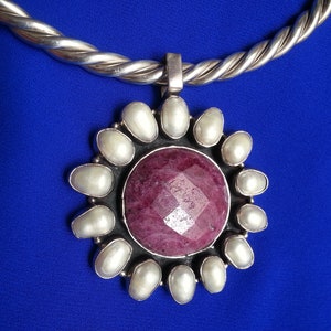 Huge sterling silver ruby pearl vintage pendant, flower or sun, Byzantine design, thick twisted torque collar, impressive statement stunner