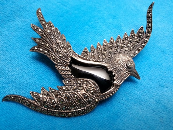 Impressive large sterling silver marcasite bird b… - image 1