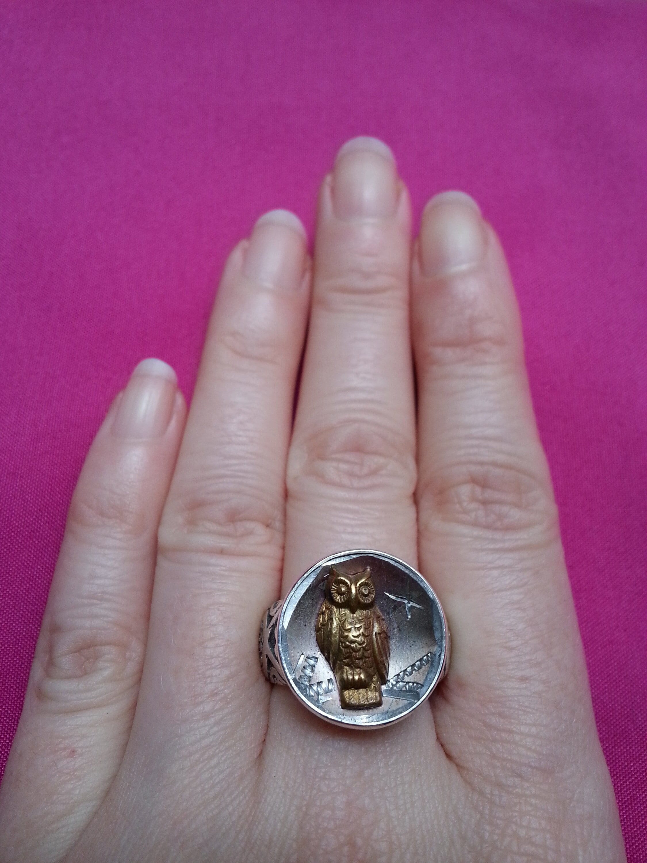 Antique Victorian button in sterling silver ring, sculptural owl and engraved star, wide engraved ba