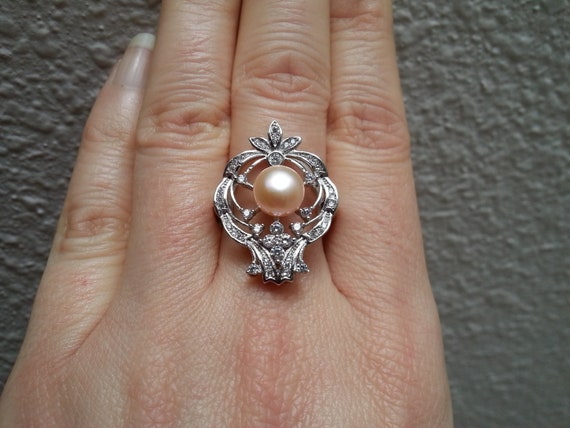 Beautiful sterling silver pearl flower ring, crow… - image 5