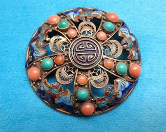 Spectacular Chinese export brooch, silver, turquoise and coral, longevity symbol, enamel bats filigree crescent moons stars, worn as pendant