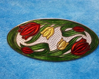 Large sterling silver enamel brooch, Art Nouveau, lovely red and yellow tulips and green leaves against a white background, vivid colors
