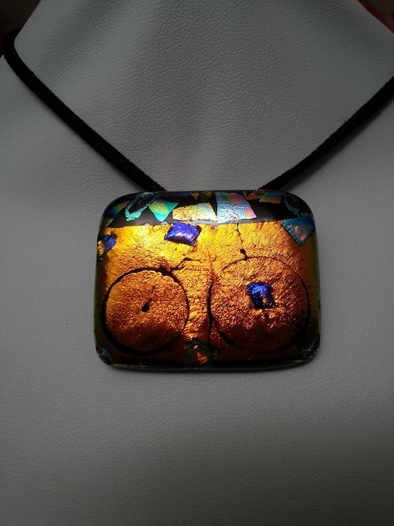 Bold vintage brooch pendant dichroic fused glass, 