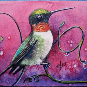 ACEO originale, pezzo unico, miniatura dipinta a mano di un colibrì dell'artista Melody Lea Lamb, acquerello e matita colorata, affascinante