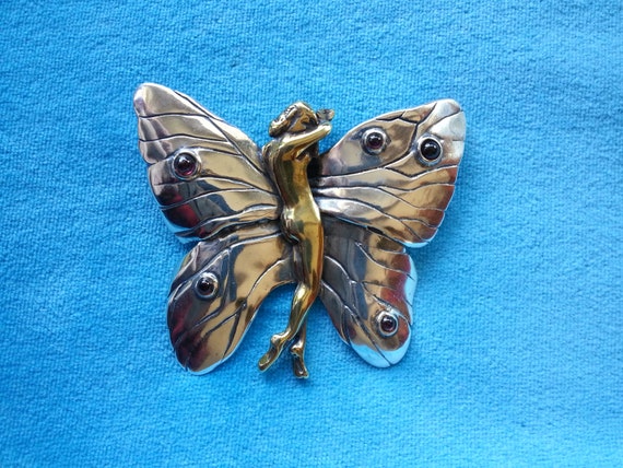Rare sterling silver garnet brooch, Art Nouveau r… - image 8