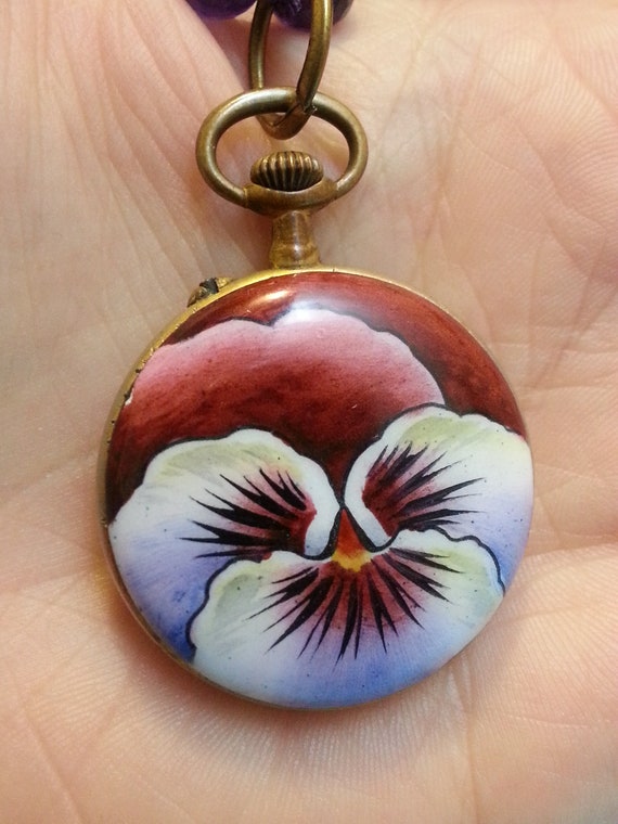 Rare Art Nouveau enamel pocket watch, lovely pans… - image 6