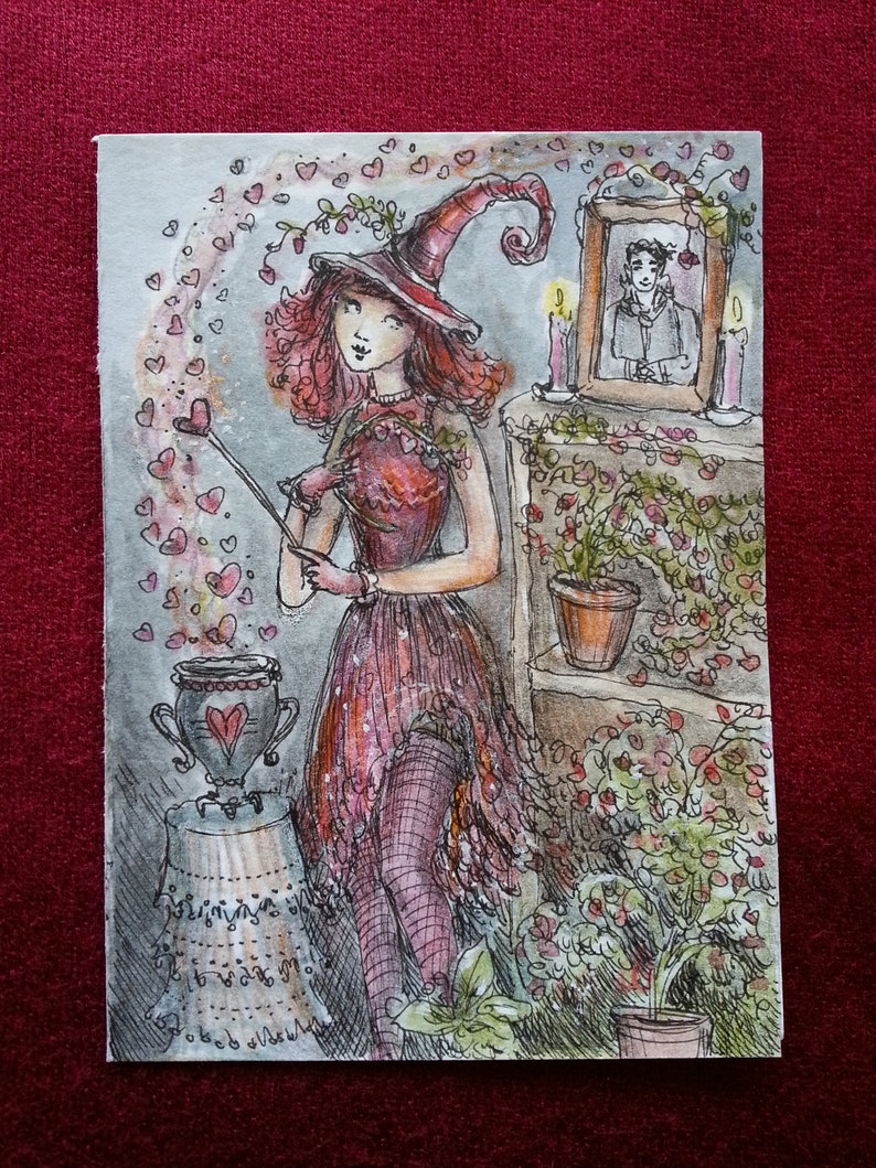 Halloween charm one-of-a-kind hearts Paulina Cassidy vampire love Original ACEO miniature watercolor witch love spell hand-painted