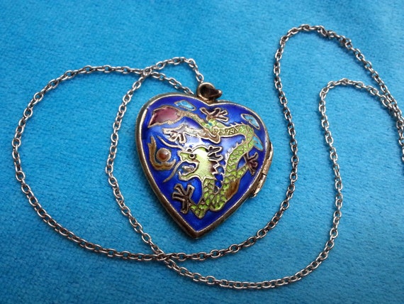 Auspicious silver Chinese enamel puffy heart lock… - image 2