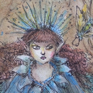 May include: A watercolour illustration featuring a figure with curly reddish-brown hair, pointed ears, and a blue spiked crown. The figure wears a blue ruffled collar and is positioned next to a yellow and white butterfly against a tan background.