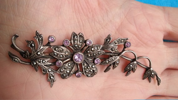 Sterling silver brooch, marcasites and amethysts,… - image 8