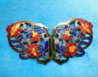 Stunning Art Nouveau buckle necklace, magnificent guilloche enamel colors, butterfly design, blooming flowers,  graceful and elegant