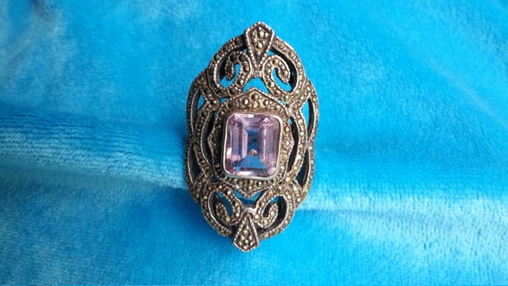 Sterling silver marcasite amethyst ring, statemen… - image 4