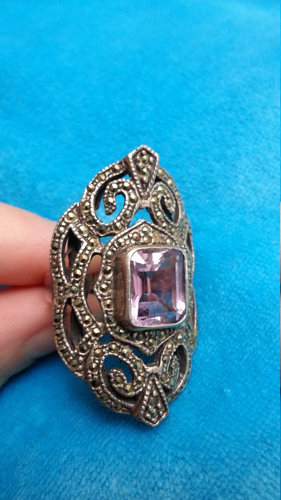 Sterling silver marcasite amethyst ring, statemen… - image 8