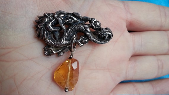 Antique Chinese silver dragon brooch with amber d… - image 8