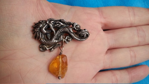 Antique Chinese silver dragon brooch with amber d… - image 3